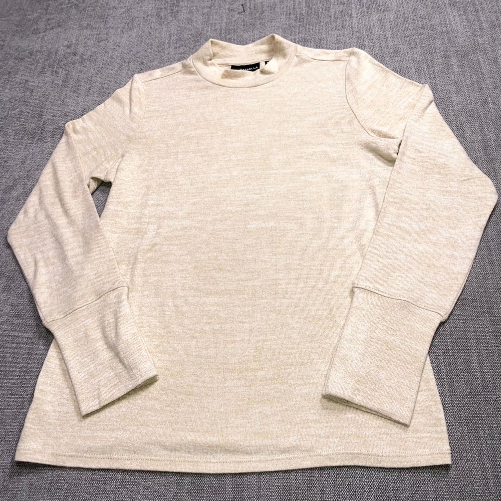 Rafaella Mock Neck Knit Top Womens Small Beige Viscose Stretch Long Sleeve